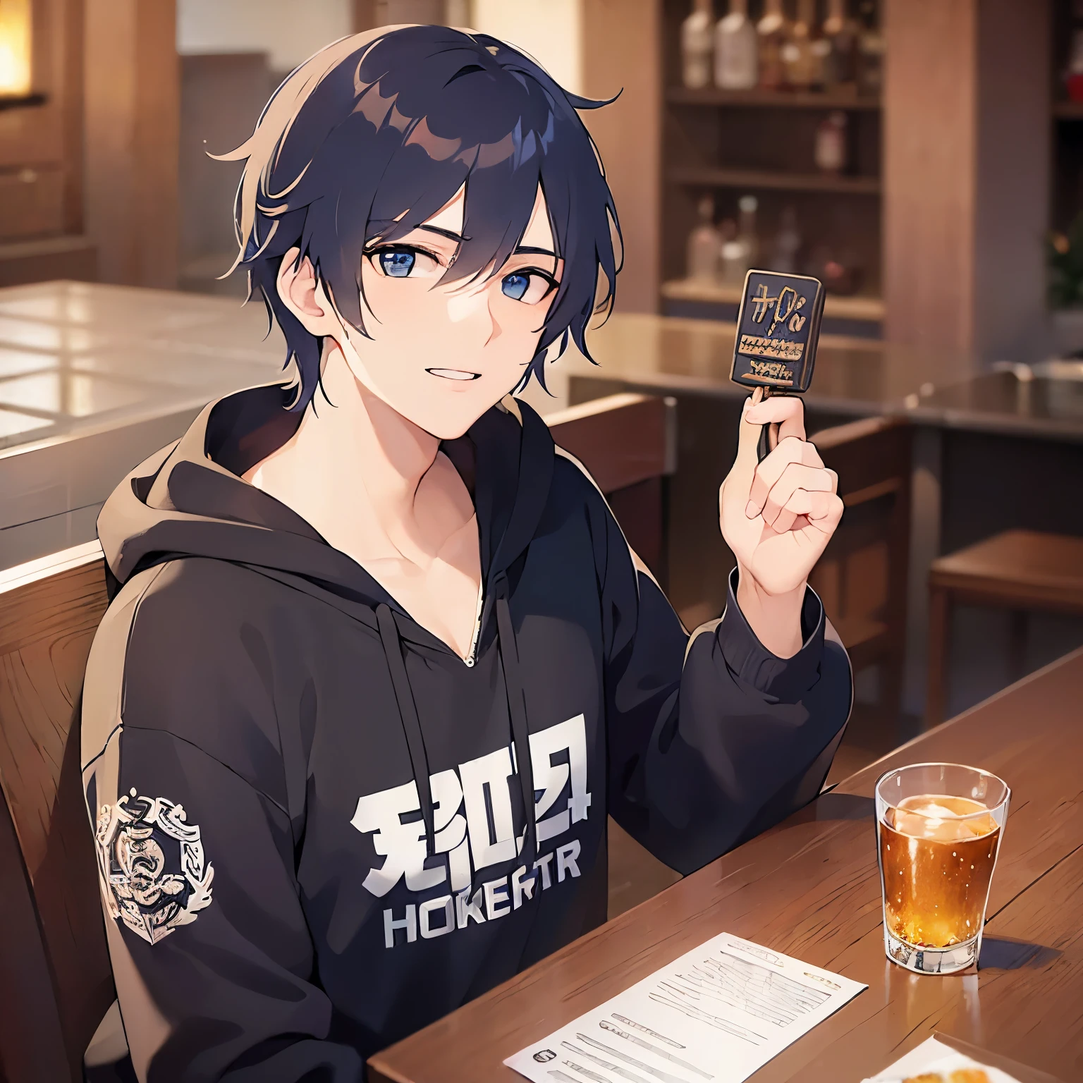 (25-year-old male:1.5) and (Black short hair) and (blue eyes),lookin at viewer,upper body
shiny skin, masterpiece、Highest quality、
black hoodie,
smile,The background is the interior of an izakaya at night.,Drinking beer