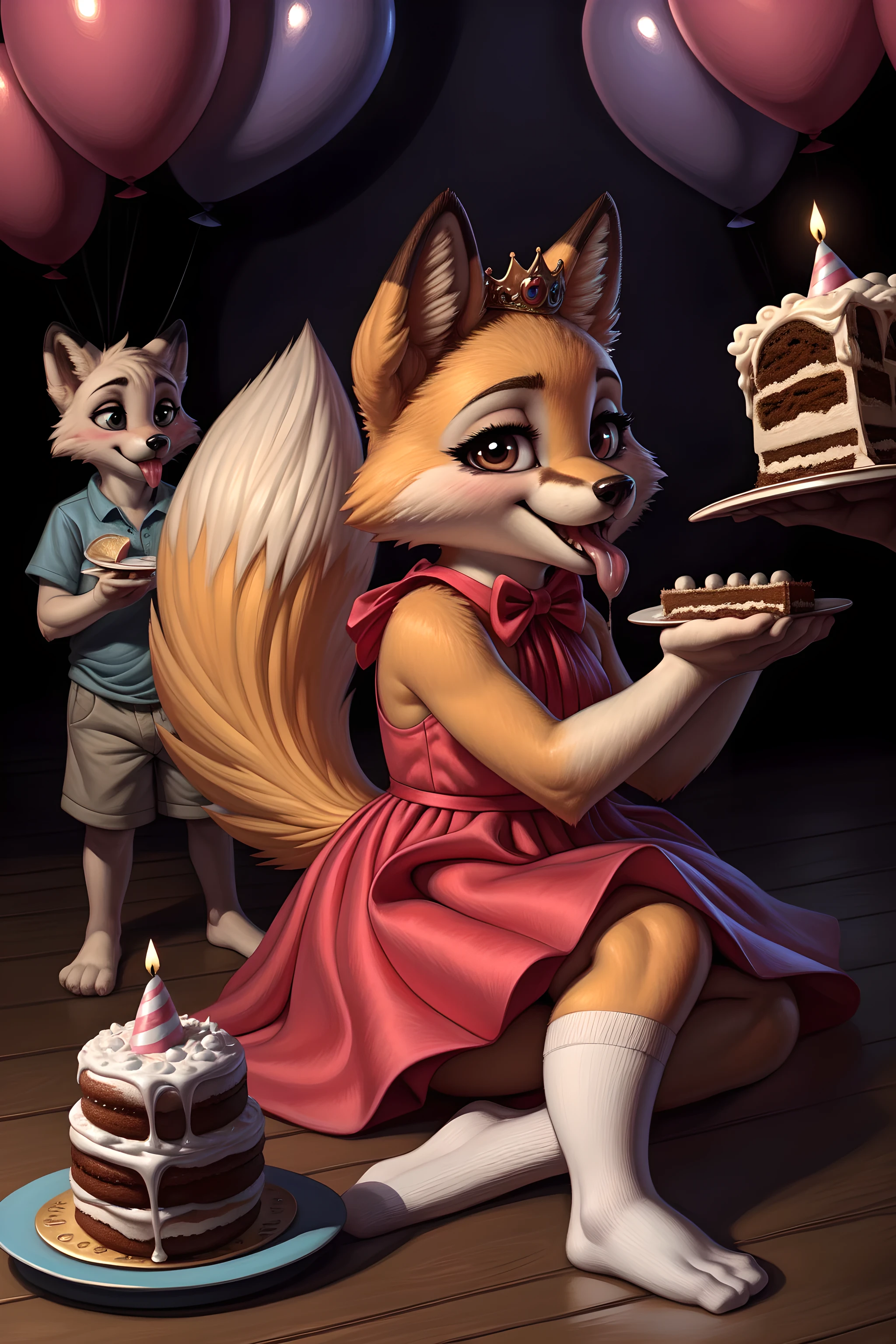 fox, Toddler girl , eating cake , pink dress, princess, birthday party, kids on the background , smiling, blush, tongue out , by chelodoy , white socks,