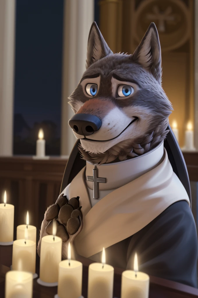 Larry (Zootopia), wolf, Gray Fur, (brown body:1.3), beautiful blue eyes, Zootopia,  Pope, Catholic priest,pectoral cross white collar, canine,wolf, detailed fur, Male, second, paw pads, claws, looks at the viewer, 5 fingers, paws, 4 toes, in churches, candles altar,Catholic Church, Vatican, sits and prays, 
BREAK from nextel, for dating, by xenoforge, (difficult, high detail,digital photography, soft focus, RAW, close to the camera, smile, positive, Good, mood, Houses, looks at the viewer, очень close to the camera, Pope. 
Photorealism, realistic, photorealistic,digital style, Subsurface scattering,очень close to the camera
шедевр, Best quality, ultra realistic, 8 thousand.)