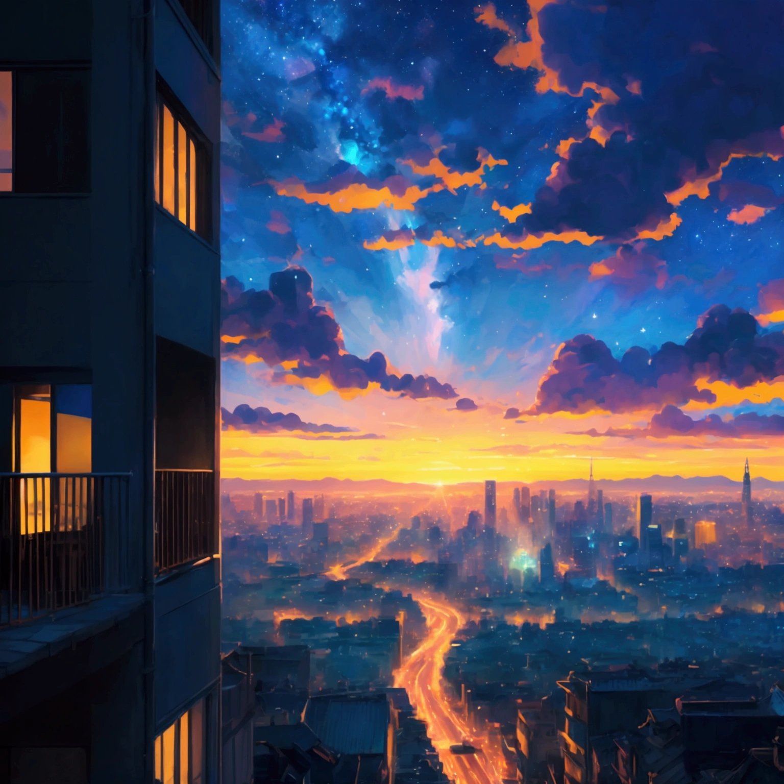 4K Wallpaper Images,Overlooking,No people,Glittering night view of anime big city and beautiful starry sky,引いた画角からOverlookingで見ている構図,The time period is the magic hour before dusk.,No people,