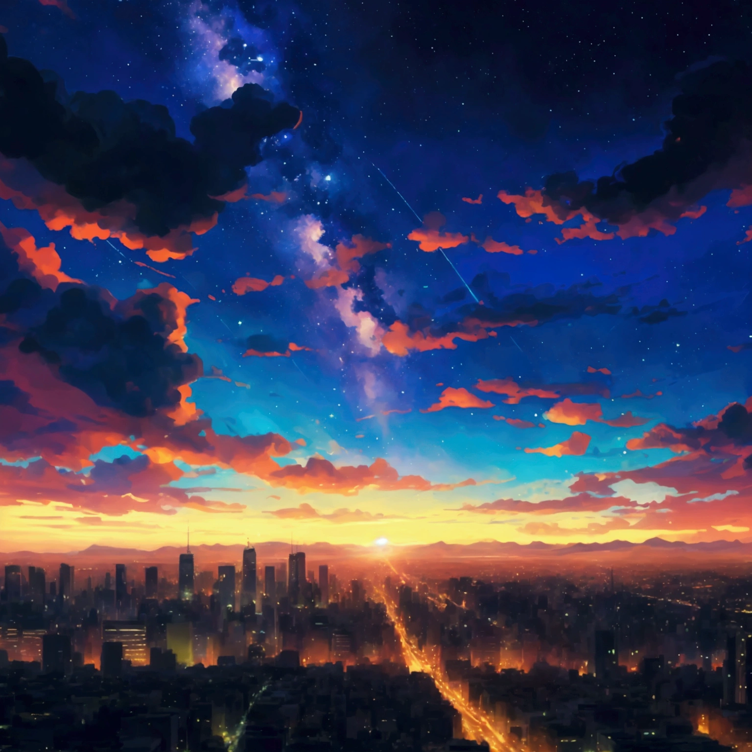 4K Wallpaper Images,Overlooking,No people,Glittering night view of anime big city and beautiful starry sky,引いた画角からOverlookingで見ている構図,The time period is the magic hour before dusk.,No people,