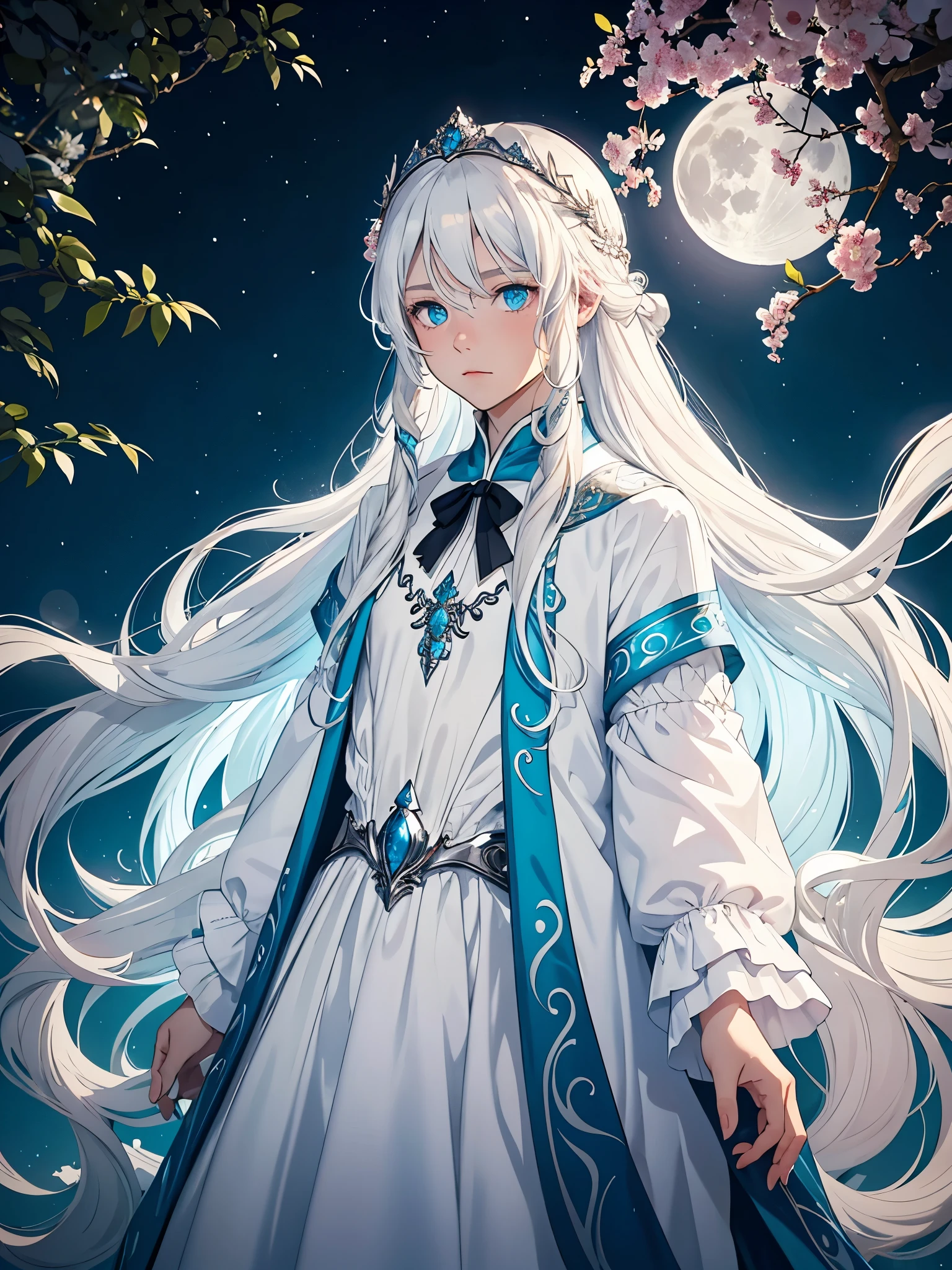 Weiblicher. Long hair. long white hair. aquatic, boy, Goddess of the Moon, silver hair accessories, White hair, White dress, cape, at night, saturated colors, light eyes, bright, light blue light, blue eyes, Jewelry silver, bluish light, Full moon in the background, aquatic in der Luft rosa kerzen