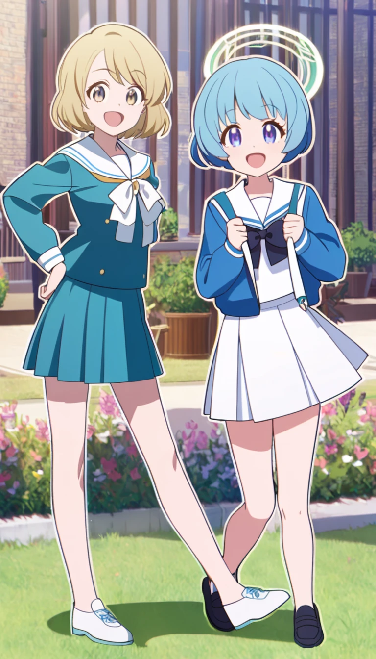 18-year-old, young girl, anime, short hair, pretty eyes, blue hair, full body, sailor suit, short pleated skirt, big smiling very happy, greenback, black outline, (stand up straight)
