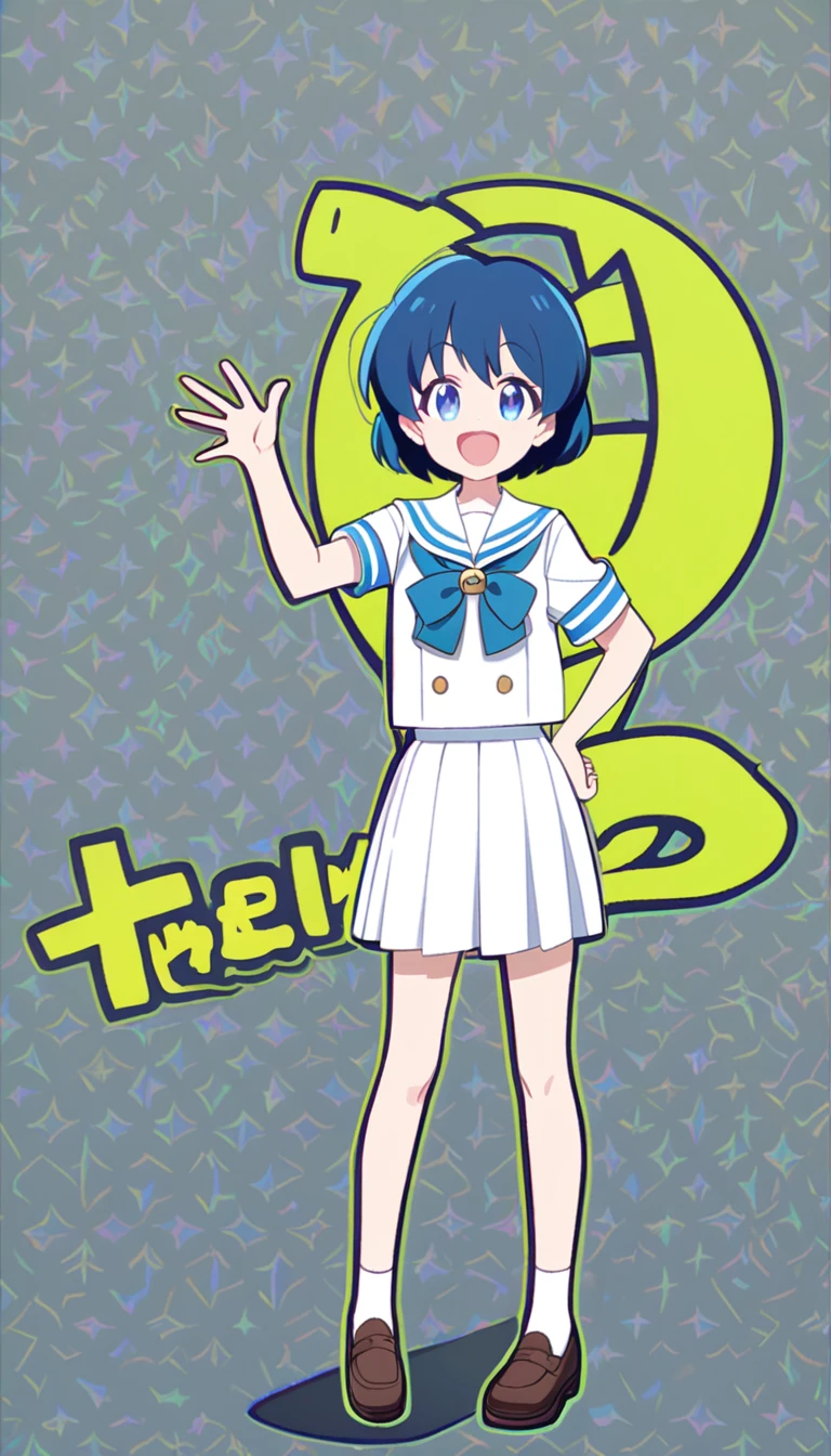 18-year-old, young girl, anime, short hair, pretty eyes, blue hair, full body, sailor suit, short pleated skirt, big smiling very happy, greenback, black outline, (stand up straight)