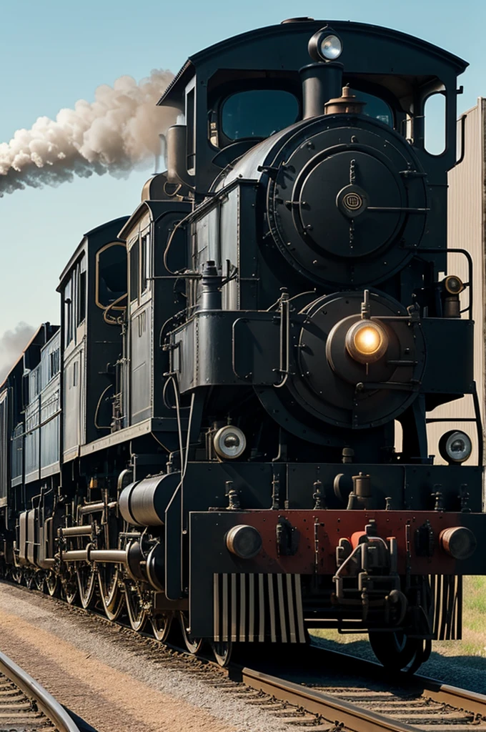 A steam engine with a face driving through the tracks

