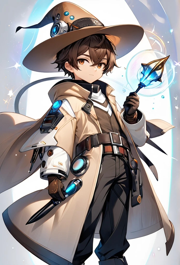 a man character in a futuristic, Western-inspired outfit. The character wears a white and brown long coat with black pants and knee pads. Accessories include a wide-brimmed hat, gloves, and a belt. The character's attire suggests a blend of cowboy and high-tech elements. With a magical wand in his hand. He is little bigger in size.