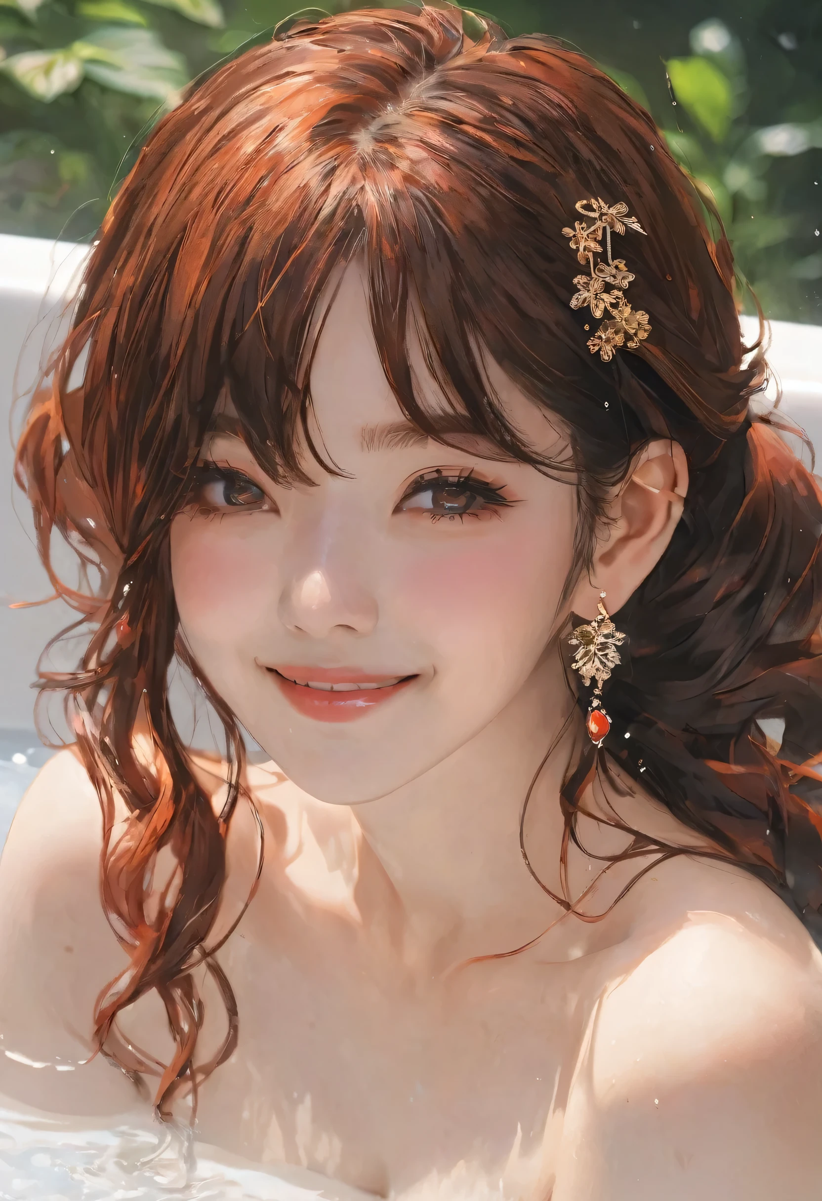 A hot spring resort in the mountains of Japan,Beautiful mountains in the background々,(Hot water smoke obstructing the view Water vapor rising from the bathtub:1.3),(Rock bath open-air bath:1.3),(Take a deep shoulder soak in the open-air bath:1,3),Immaculate white tube top bra without shoulder straps,Hold a hand towel to hide your breasts,Blushing、Laugh shyly、(Beautiful girls)、(Short reddish brown hair、hairpin、ponytail、Floating Hair、)huge 、blush with embarrassment、Dreamy eyes、A smile that captivates the viewer、Take a look at the photographer、Sweaty skin、Staring at the audience,necklace、Earrings、Pointed red mouth,Perfect round face,,Proper body balance,Intricate details,Very delicate and beautiful hair,Photo Real,dream-like,Professional Lighting,Realistic Shadows,Focus Only,Beautiful Hands,Beautiful fingers,Detailed finger features,Detailed arm functions,Detailed clothing features,Detailed hair features,Detailed facial features,(Tabletop,Highest quality,Ultra-high resolution output images,) ,(8K quality,),(Picture Mode Ultra HD,)
