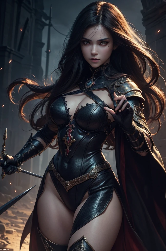 ((best quality)), ((masterpiece)), (detailed), ((normal anatomy)), beautiful eye detail, perfect face, high detail, charismatic, full body, realistic, cinematic lighting, defined body, super detail, high realism, Fiendish vigor spellcasting, beautiful demon girl, medieval fantasy world, fighting pose, dynamic pose, casting spell
