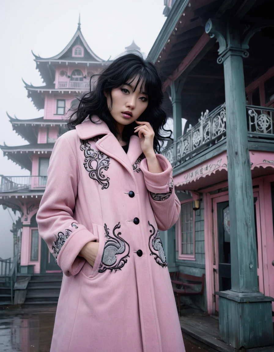 A young japanese supermodel woman, her wavy black hair and black eyes standing before the vintage haunted house entrace in an old amusement park on a foggy morning, donned in a flowing pink coat with intricate silver embroidery, captures a memorable pose for the vintage film camera angled above, the scene exuding drama and mystery.