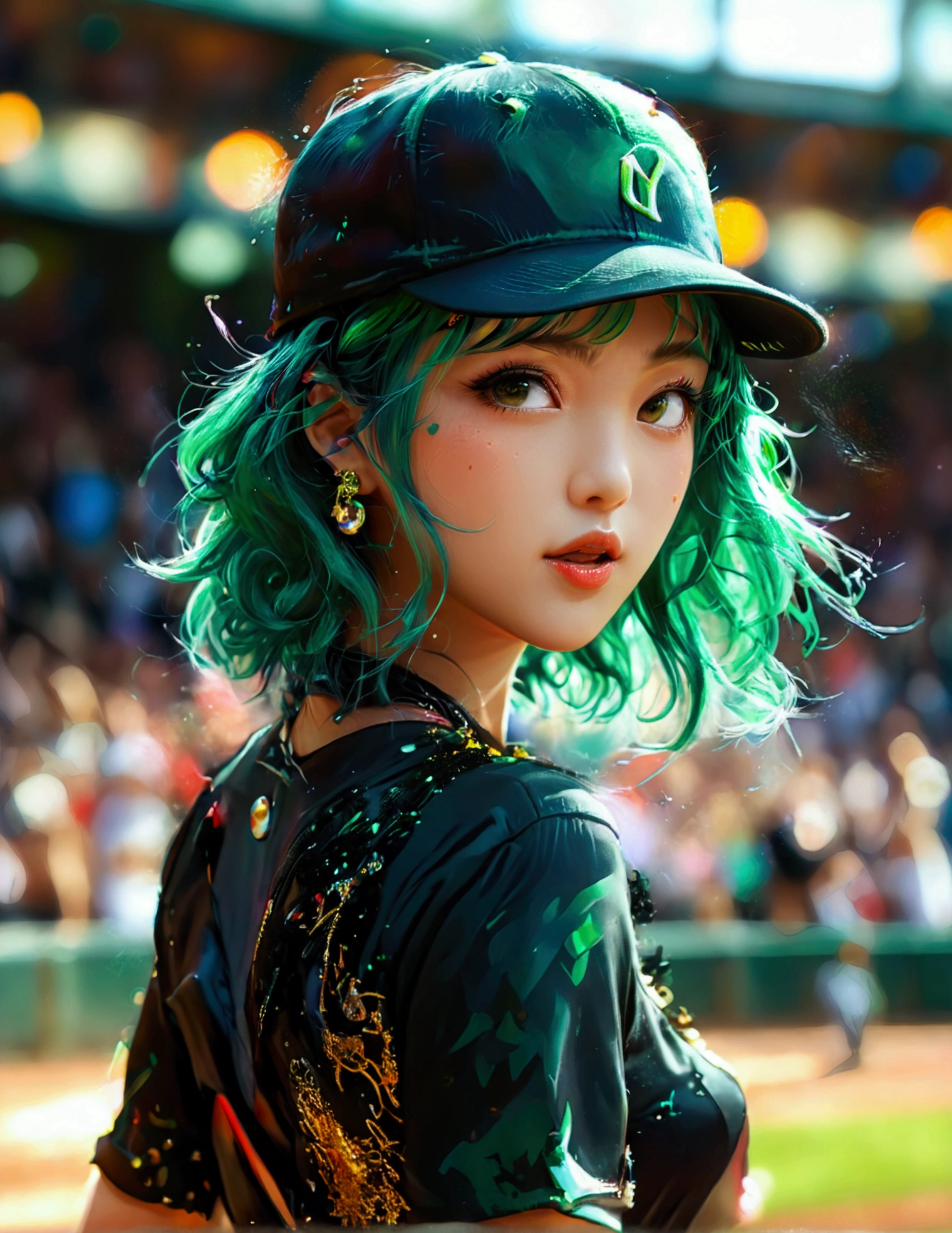 A beautiful Japanese woman (Tatsumaki,black dress, green hair) in a baseball cap pitching a ball, dynamic pitching pose, crowd cheering in the background, bokeh effect, anime style, highly detailed, intricate, vibrant colors, cinematic lighting, photorealistic, masterpiece, (show her entire body, show all of her, show her entire body)