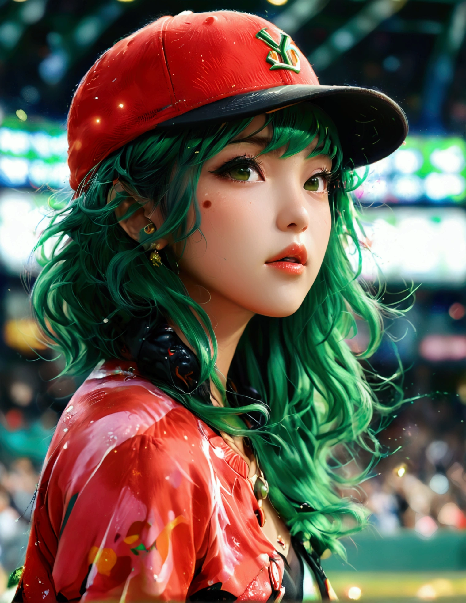 A beautiful Japanese woman (Tatsumaki,black dress, green hair) in a baseball cap pitching a ball, dynamic pitching pose, crowd cheering in the background, bokeh effect, anime style, highly detailed, intricate, vibrant colors, cinematic lighting, photorealistic, masterpiece, (show her entire body, show all of her, show her entire body)
