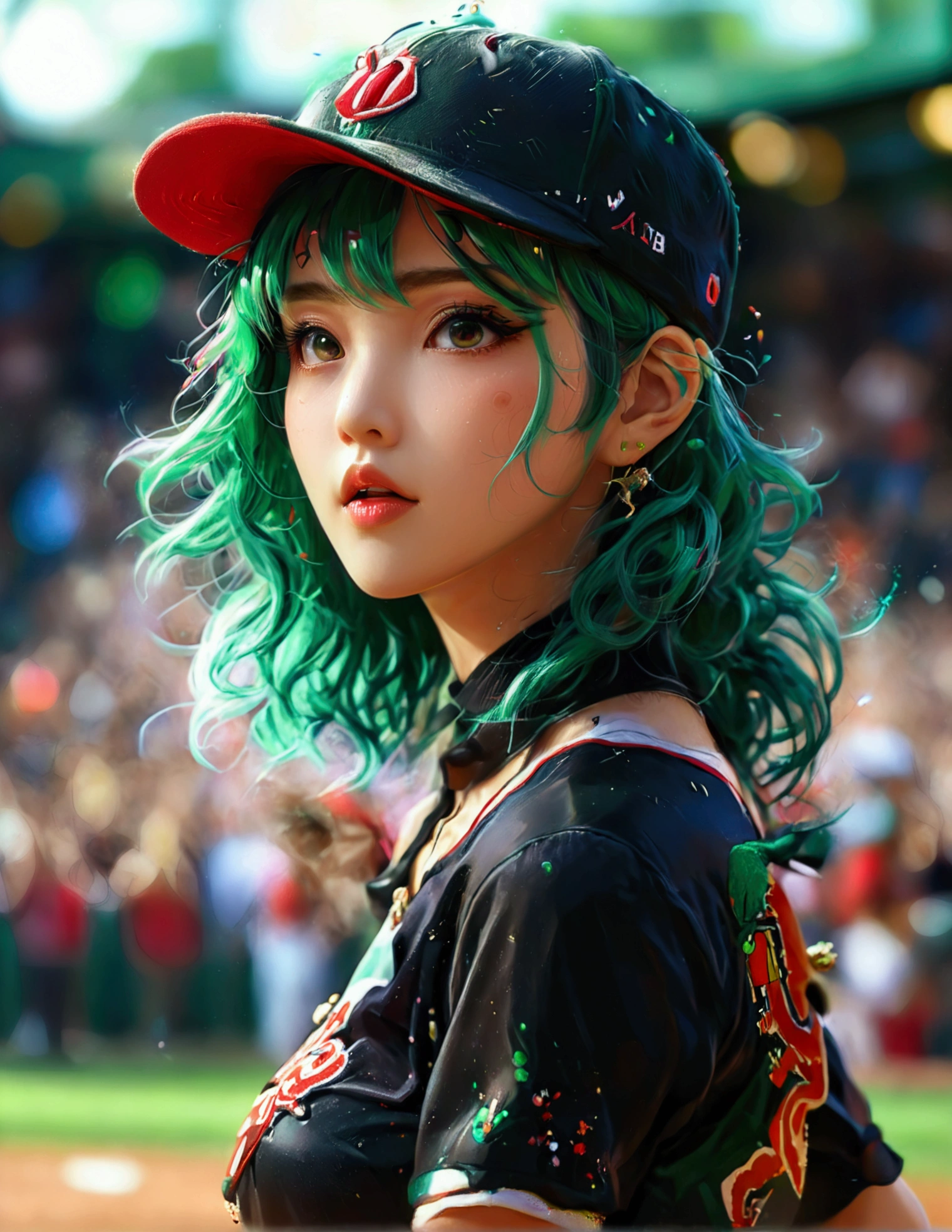 A beautiful Japanese woman (Tatsumaki,black dress, green hair) in a baseball cap pitching a ball, dynamic pitching pose, crowd cheering in the background, bokeh effect, anime style, highly detailed, intricate, vibrant colors, cinematic lighting, photorealistic, masterpiece, (show her entire body, show all of her, show her entire body)
