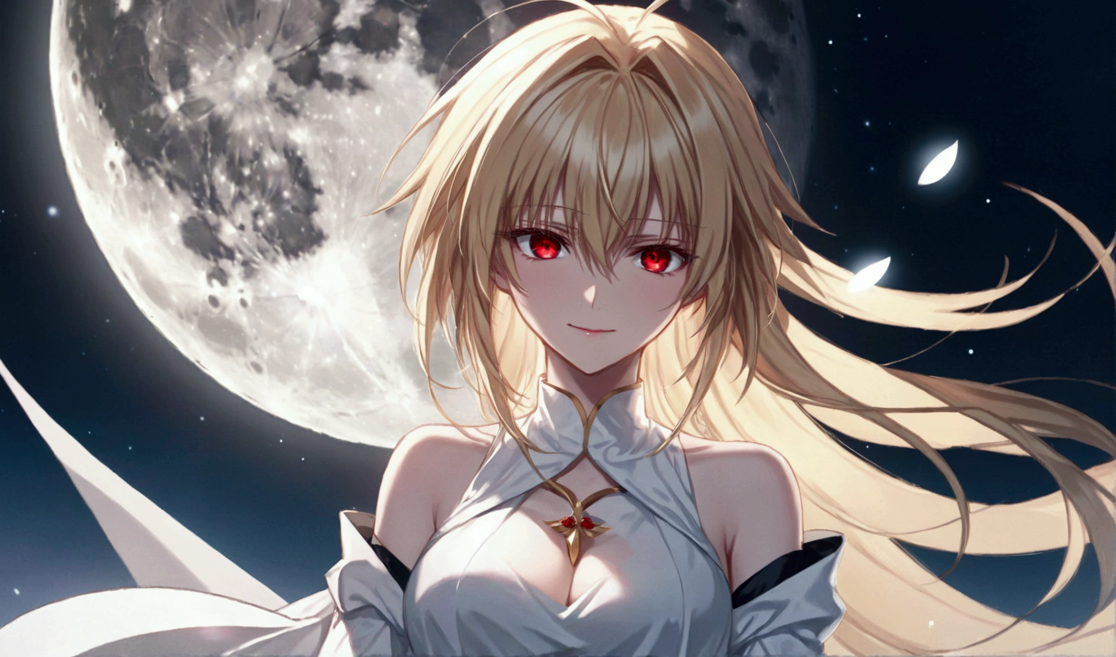 female anime character with very long blonde hair next to dark colored moons, 1girl, arcueid brunestud, red eyes, moon, long hair, blonde hair, solo, looking at viewer, bangs, full moon, dress, breasts, bare shoulders, white dress, detached sleeves, evil smile, arcueid