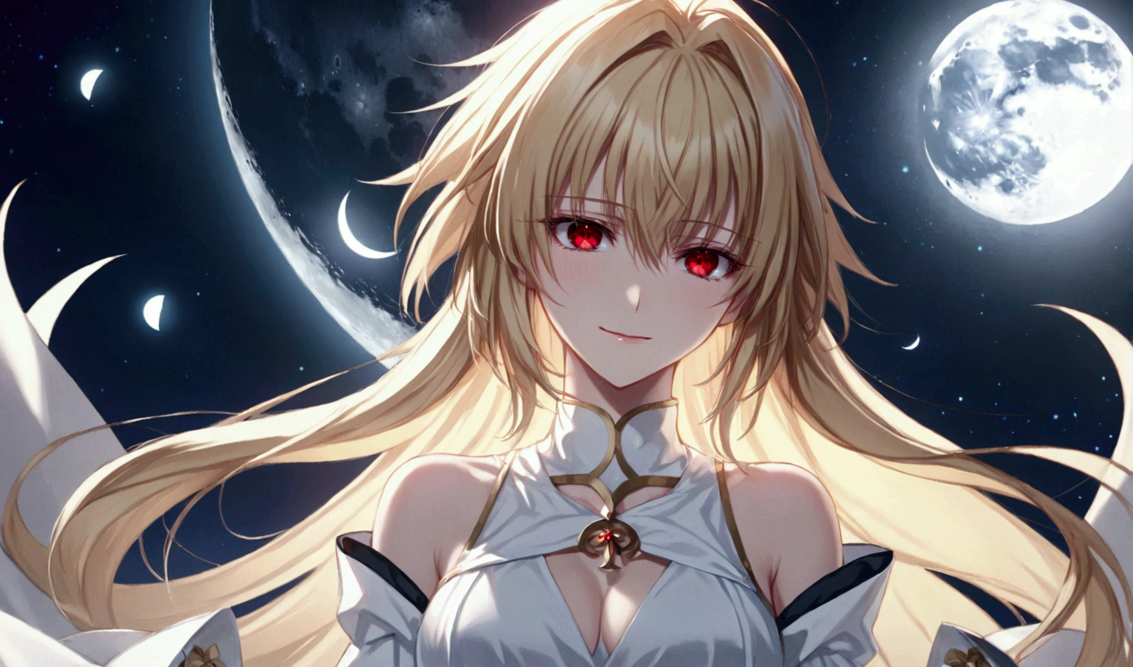 female anime character with very long blonde hair next to dark colored moons, 1girl, arcueid brunestud, red eyes, moon, long hair, blonde hair, solo, looking at viewer, bangs, full moon, dress, breasts, bare shoulders, white dress, detached sleeves, evil smile, arcueid