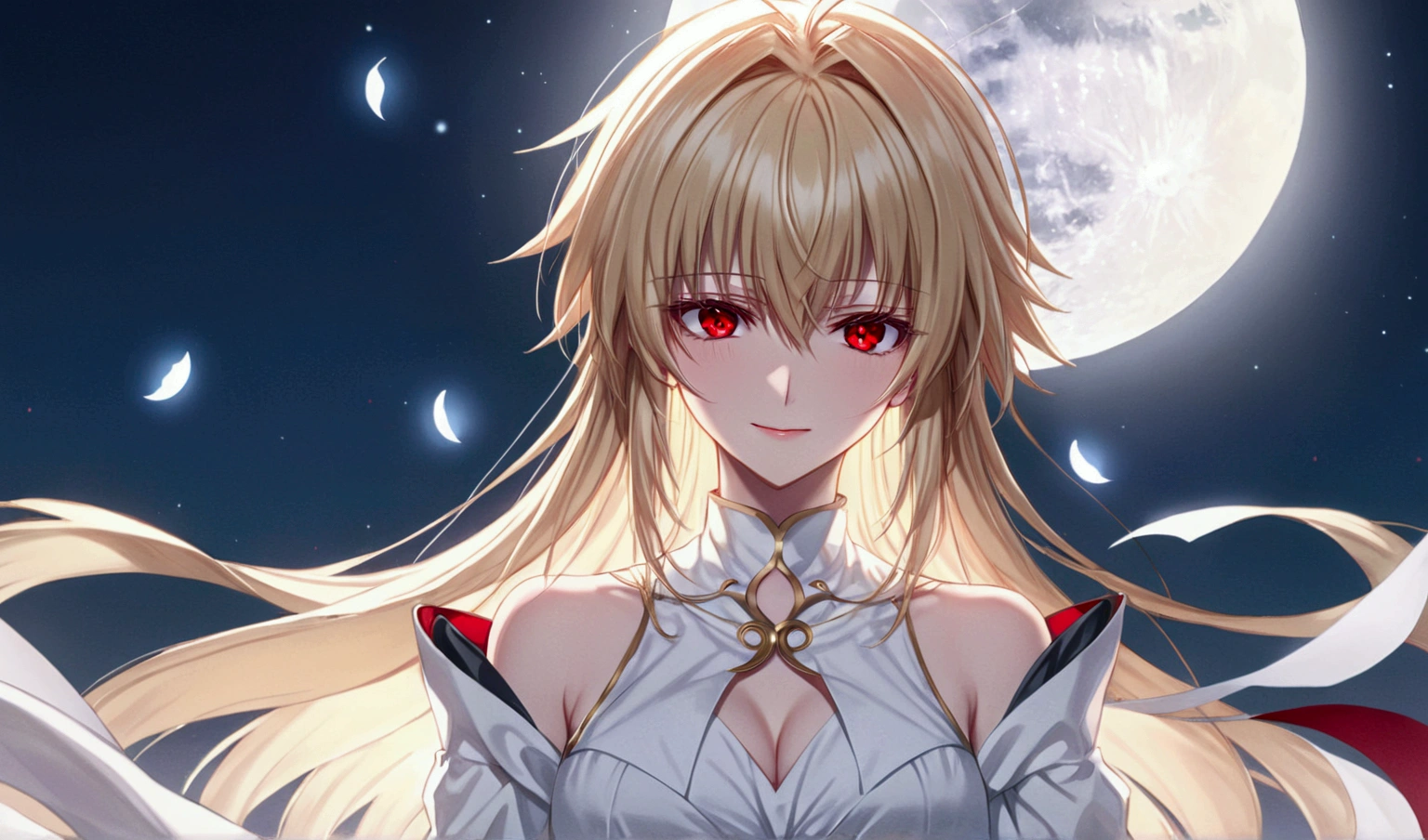 female anime character with very long blonde hair next to dark colored moons, 1girl, arcueid brunestud, red eyes, moon, long hair, blonde hair, solo, looking at viewer, bangs, full moon, dress, breasts, bare shoulders, white dress, detached sleeves, evil smile, arcueid