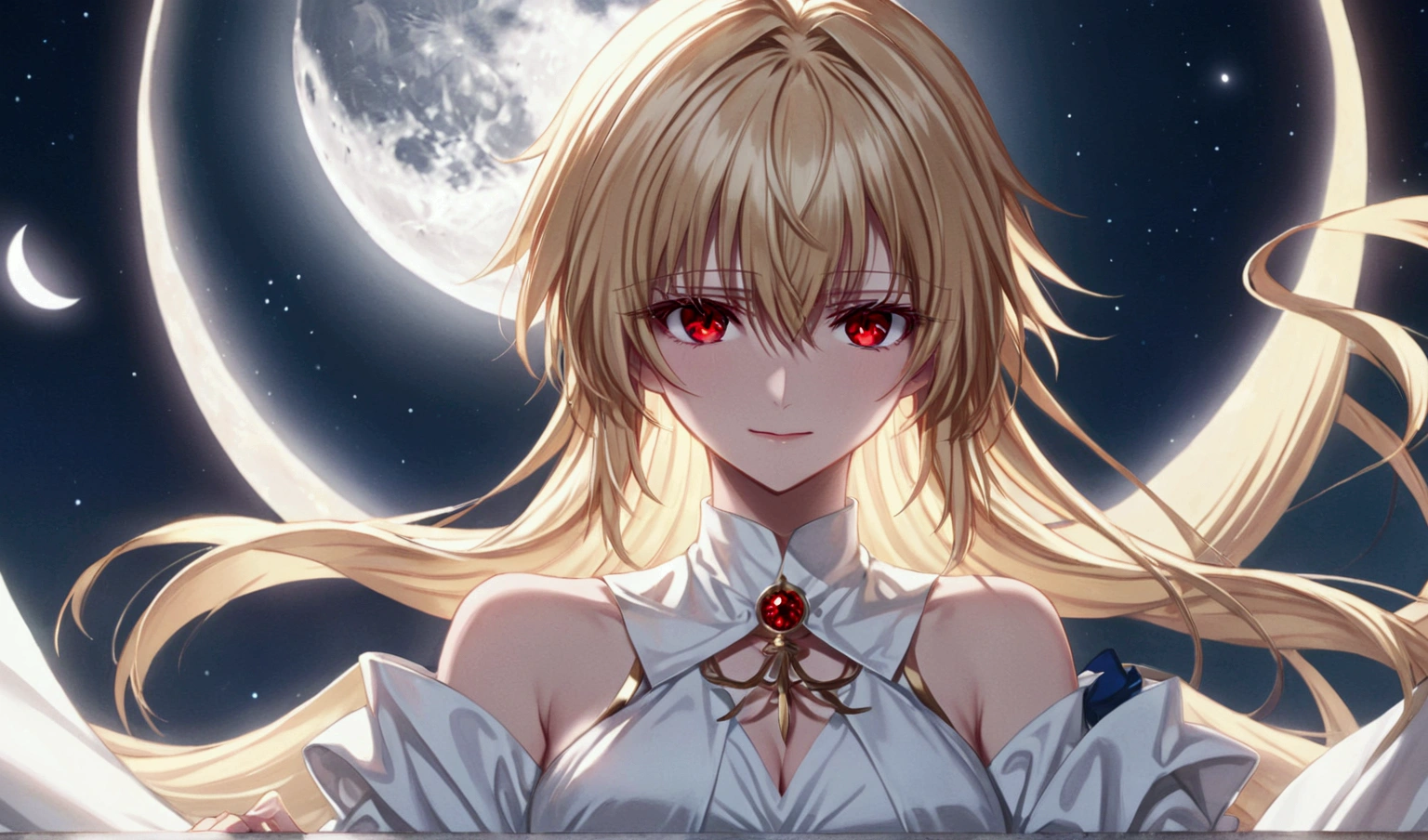 female anime character with very long blonde hair next to dark colored moons, 1girl, arcueid brunestud, red eyes, moon, long hair, blonde hair, solo, looking at viewer, bangs, full moon, dress, breasts, bare shoulders, white dress, detached sleeves, evil smile, arcueid