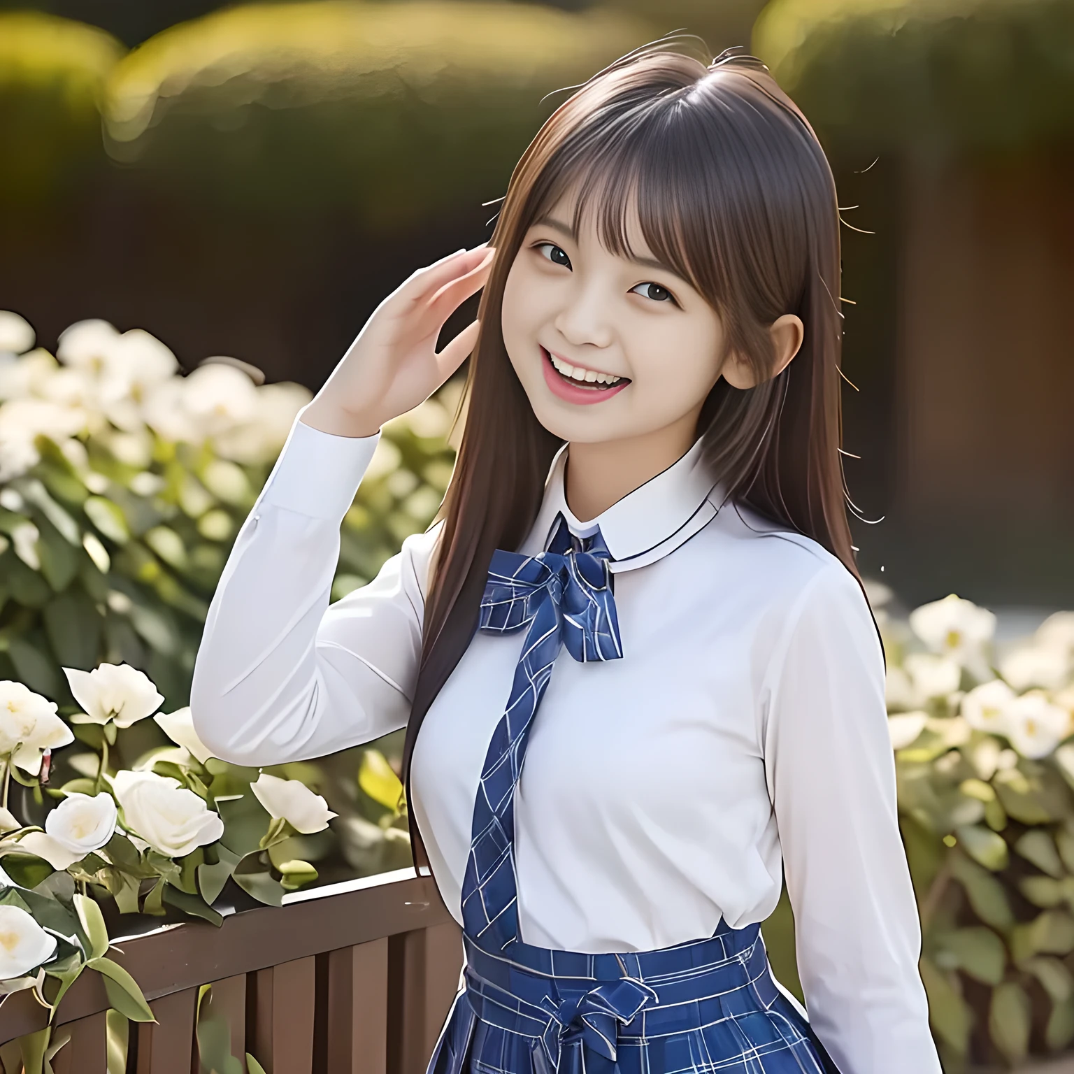 (Highest quality, masterpiece:1.2), Highest quality, High resolution, 1080P, 8K, height: 165cm, ((A noble and intelligent girl who looks like a cute Japanese young lady is giggling while magically hypnotizing the viewer)), ((So sweet, very noble, cute and pretty Japanese beautiful cute girl)), ((A real, very girly, sweet, cute and noble girl)), ((((A 14 years old, smiling beautiful Japanese cute fashion model)))), ((((Very pure white face and limbs)))), Glossy Lips, (Evenly cut bangs), ((Very beautiful, smiling brown, droopy, cute, pure, noble eyes)), ((Super long, straight black hair that reaches the floor)), Very shiny, Glossy Lips, Open hand over open mouth, Beautiful straight hair like a hair model, Watch and laugh at your audience, ((Incredibly well organized, Rich facial expressions. Plump and beautiful white skin and face)), ((Pure, clear, gentle smiling eyes)), ((Smile at me)), Glossy Lips, ((Noble and elegant)), ((As the succubus charms you with her magic and giggles)), ((((Succubus is fascinating、Calling to the depths of eternity)))), Very beautiful blue skirt, ((Large upward-curving lips)), ((Look directly at the viewer)), White Hand, ((Navy Japanese School Blazer, Navy and sapphire blue Japanese school uniform tartan check pattern pleated long skirt, Blue string ribbon tie)), ((((An ecstatic expression of boundless joy)))), ((White flowers garden background))