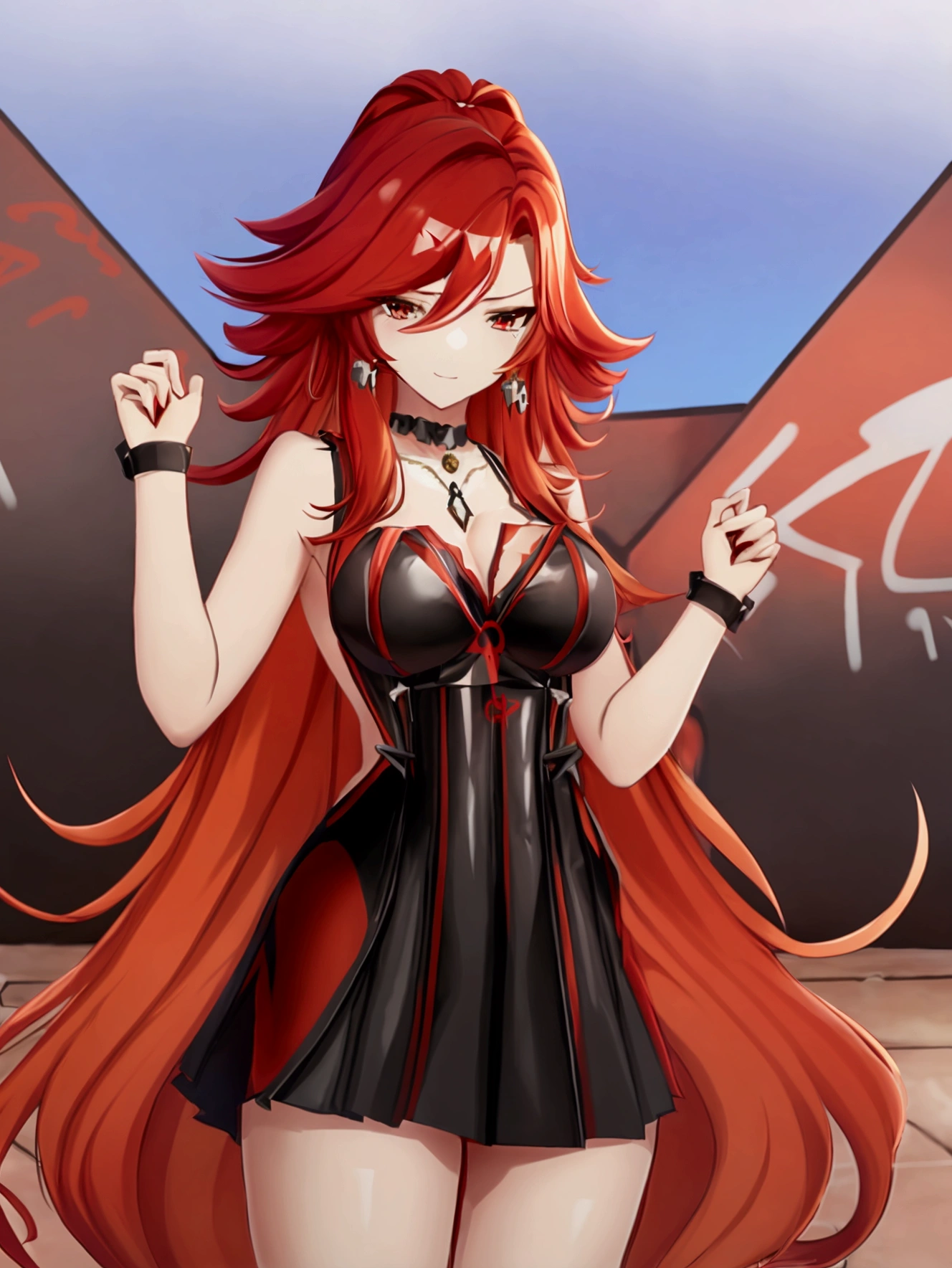 Anime girl with red hair and black suspender skirt in front of graffiti wall, 25 years old,long hair anime girl, She has long reddish-orange hair., Attractive anime girl,Bare arms,Bare arms,Bare legs,Black necklace,Tie-strap skirt,Front view,First Perspective,high quality,16K,Exciting appearance,very clearly,Exquisite mature facial,Royal sister