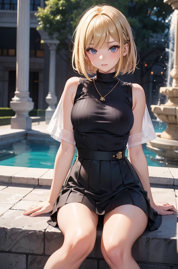 best quality, super fine, 16k, incredibly absurdres, extremely, cute European Caucasian woman, 24 years old, captivating look, aroused expression, blonde long bob cut, wearing Burberry checked skirt, black panties, black tank top sweater with braided pattern, superlative body proportion, sitting in fountain plaza