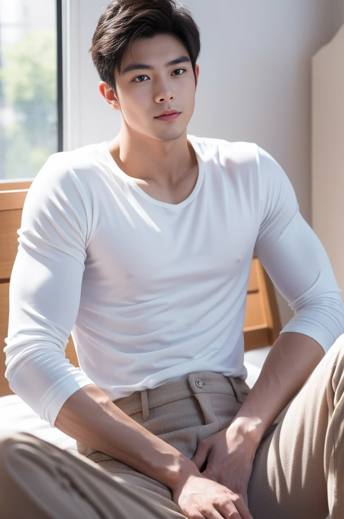 Muscular Asian guy , Wear only white shirts, jeans., A muscular young man., beautiful young male model, Comfortable pose, Portrait of a 25 year old boy, Taking pictures in a comfortable, realistic way