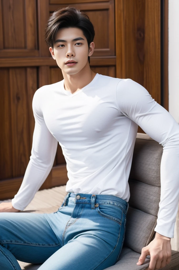 Muscular Asian guy , Wear only white shirts, jeans., A muscular young man., beautiful young male model, Comfortable pose, Portrait of a 25 year old boy, Taking pictures in a comfortable, realistic way