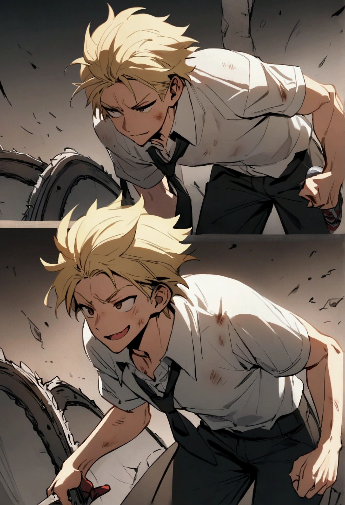 A young man with an angular face smiling with pointed teeth. Her blonde hair is disheveled and often falls across her forehead in a messy manner..., reflecting a sloppy style. His brown eyes often convey a mixture of determination and tiredness.., with an expression that varies between firm determination and vulnerable innocence. He has a slender physique, but athletic, indicating a life of physical challenges and battles. His clothes consist of a crumpled and bloody white shirt..., a loose black tie and dark pants, often torn and dirty , He wears white and red All-Star sneakers , wielding a chainsaw sword in his left hand.