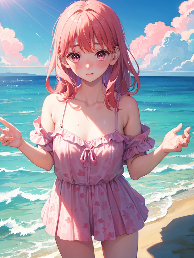 Random patterned swimsuit、Random patterned swimsuit,Swimsuit,Blushing、Medium semi-long hair、Pink Hair、Pale pink eyes　、Head to toe full body、Blushing、Embarrassed look、Composition from the front、A view from slightly below、school swimwear、Acme Face、Random pose、, 、nsfw、Highest quality、1 girl、solo、Ocean、Sandy Beach、Sexy pose、Random pose、Blushing、wet、Embarrassed、I can see half of my 、、One piece swimsuit、(Strap slip:1.3)、