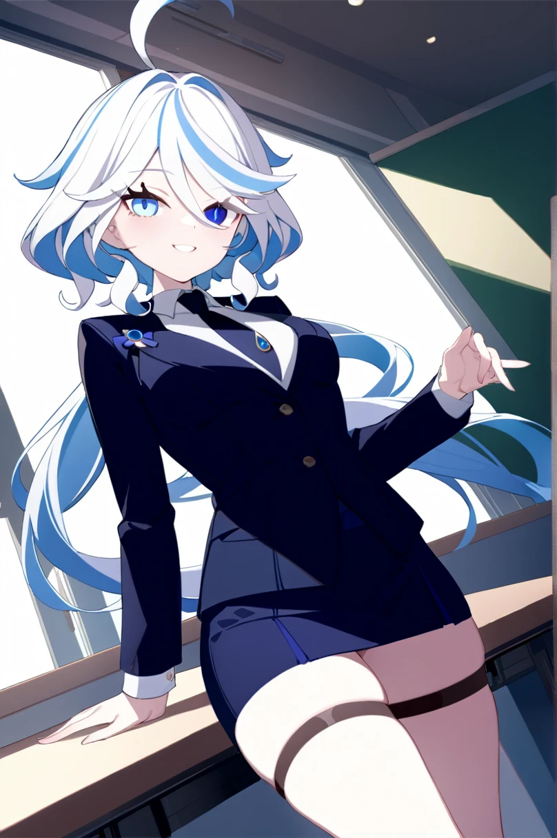 masterpiece, best quality, perfect features, intricate details, ray tracing, newest,(hitenkei, askzy:0.4), 1girl, furina \(genshin impact\), heterochromia, ,furina \(genshin impact\), heterochromia, blue jacket, thigh strap, high heels, evil smile, classroom, indoors, cowboy shot, depth of field, (((skirt suit))), (((three-piece suit))), (((dress shirt))), (((necktie))), (((blazer))), (((black lapel))), (((suit jacket))), ((waistcoat)), double-breasted waistcoat, (((bodycon miniskirt))), pocket square, cufflinks, tie clip , tailored suit,