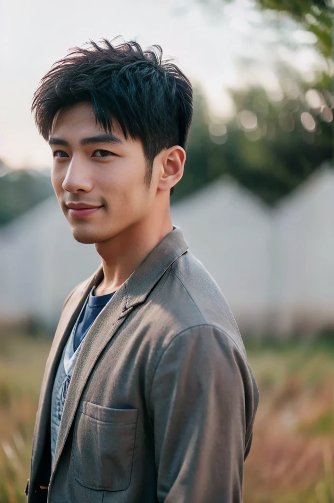 ((Highest quality, 8K, Masterpiece: 1.3))、Thailand Laos Burma Asia, Thai man, A handsome Asian rugby player with short hair, a muscular beard, and big muscles., １A man who has、 yo、Good appearance、Beautiful nose、smile、 Detailed eyes and face、beautiful light、(studio)、high resolution、（Look at the viewer.）、Fine mouth、smile、whole body: 1.5, perfect shape: 1.3, looking at camera ,Gray and red button-up shirt., ((field)), sunlight looking at the field