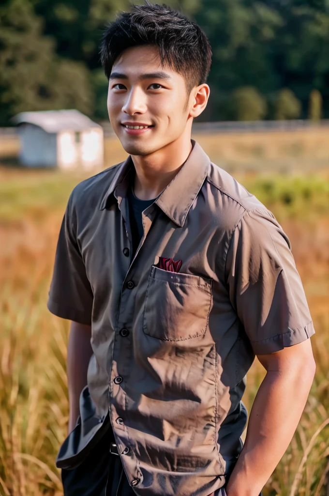 ((Highest quality, 8K, Masterpiece: 1.3))、Thailand Laos Burma Asia, Thai man, A handsome Asian rugby player with short hair, a muscular beard, and big muscles., 1A man who has、 yo、Good appearance、Beautiful nose、smile、 Detailed eyes and face、beautiful light、(studio)、high resolution、(Look at the viewer.)、Fine mouth、smile、whole body: 1.5, perfect shape: 1.3, looking at camera ,Gray and red button-up shirt., ((field)), sunlight looking at the field