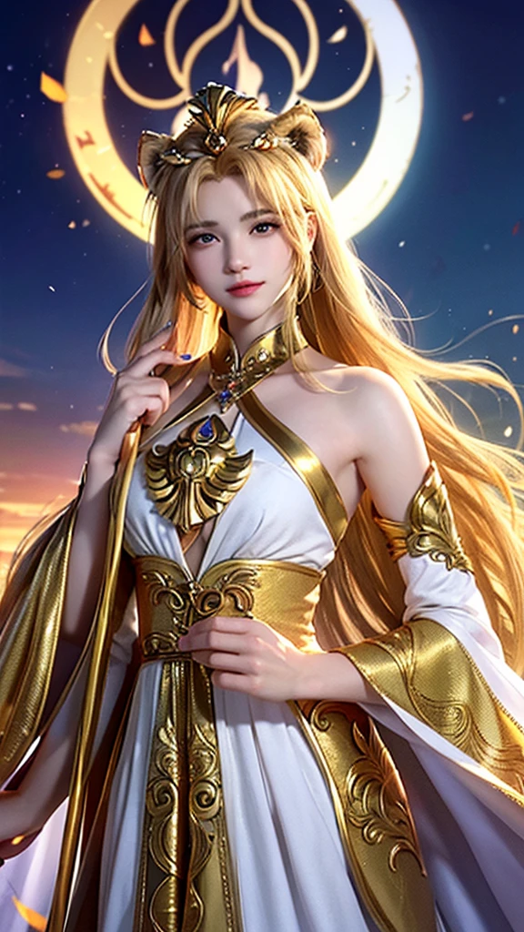 Create a female character that embodies the Leo zodiac sign, making it immediately recognizable. She is a regal and charismatic figure with long, flowing golden blonde hair and striking amber eyes that reflect her confidence. She has a tall, athletic build and a radiant complexion. Dress her in attire that combines royal and modern styles, featuring a gold and orange color scheme. Include elements such as a lion's mane crown, a scepter, and armor with lion motifs. The background should include the sun and a majestic lion to further emphasize the Leo symbolism. She should exude a sense of leadership and bravery, representing the bold nature of Leo.