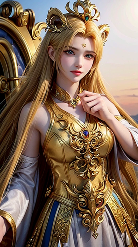 Create a female character that embodies the Leo zodiac sign, making it immediately recognizable. She is a regal and charismatic figure with long, flowing golden blonde hair and striking amber eyes that reflect her confidence. She has a tall, athletic build and a radiant complexion. Dress her in attire that combines royal and modern styles, featuring a gold and orange color scheme. Include elements such as a lion's mane crown, a scepter, and armor with lion motifs. The background should include the sun and a majestic lion to further emphasize the Leo symbolism. She should exude a sense of leadership and bravery, representing the bold nature of Leo.