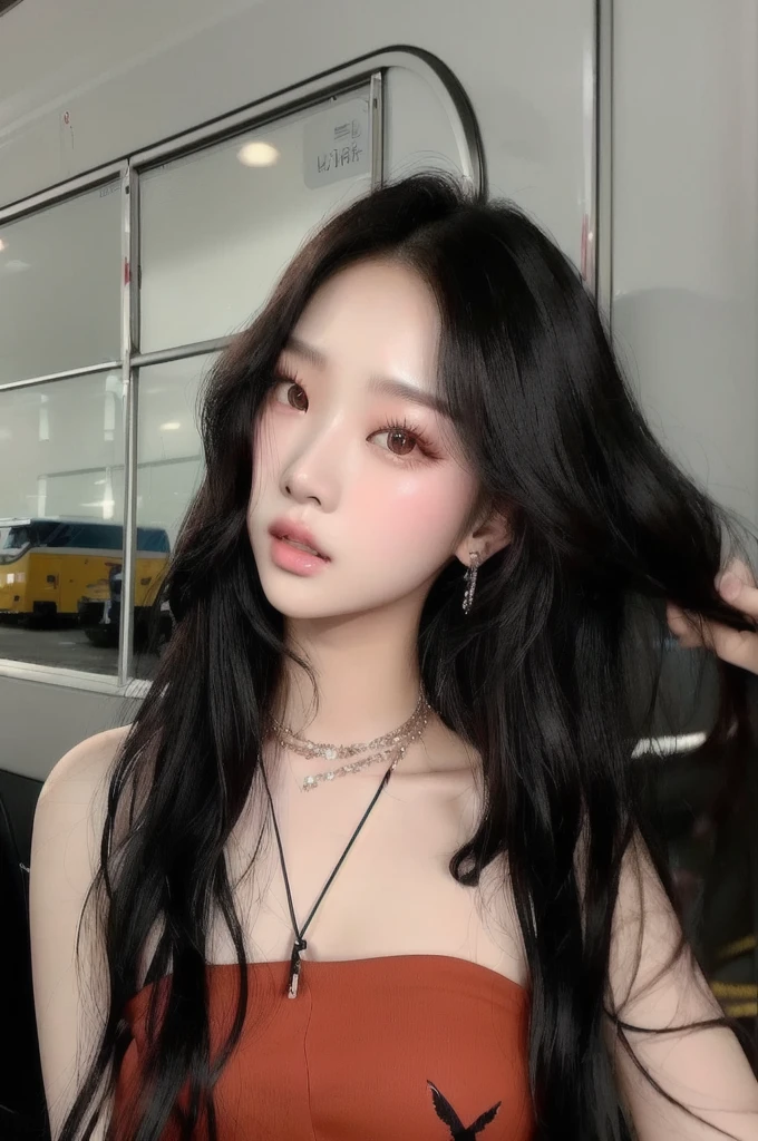 araffed asian woman with long black hair standing in front of a bus, ulzzang, jaeyeon nam, jinyoung shin, sun yunjoo, jisoo from blackpink, blackpink, lisa of blackpink, heonhwa choe, blackpink jennie, popular south korean makeup, korean girl, beautiful south korean