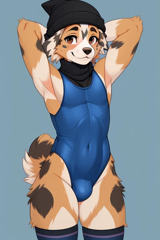 ((SFW)) ((18, cute, furry, Australian Shepherd dog boy femboy wearing a blue sleeveless turtleneck leotard a bulge, black beanie, and black and blue striped thigh-high socks, best quality)) ((hands behind head)) ((exposed hips))