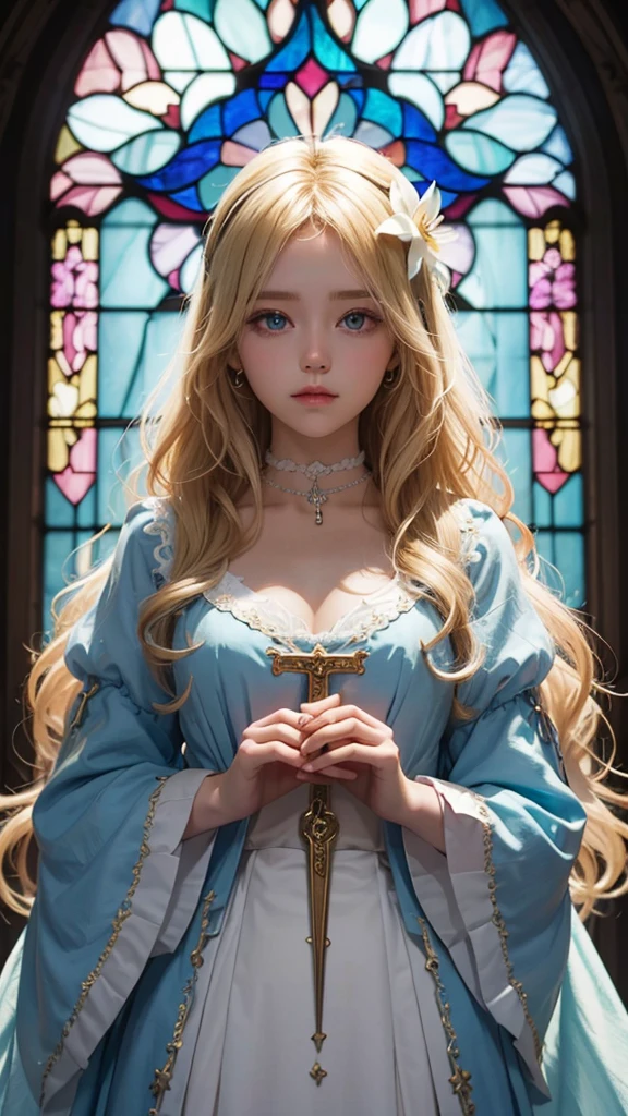 One girl, Medium chest, Blonde, Long Hair, Wavy Hair, Colorful Eyes、 church,Stained glass, White blouse, choker, Blue Gemstone Brooch, Lily flower,prayer,Cut Amen,face down