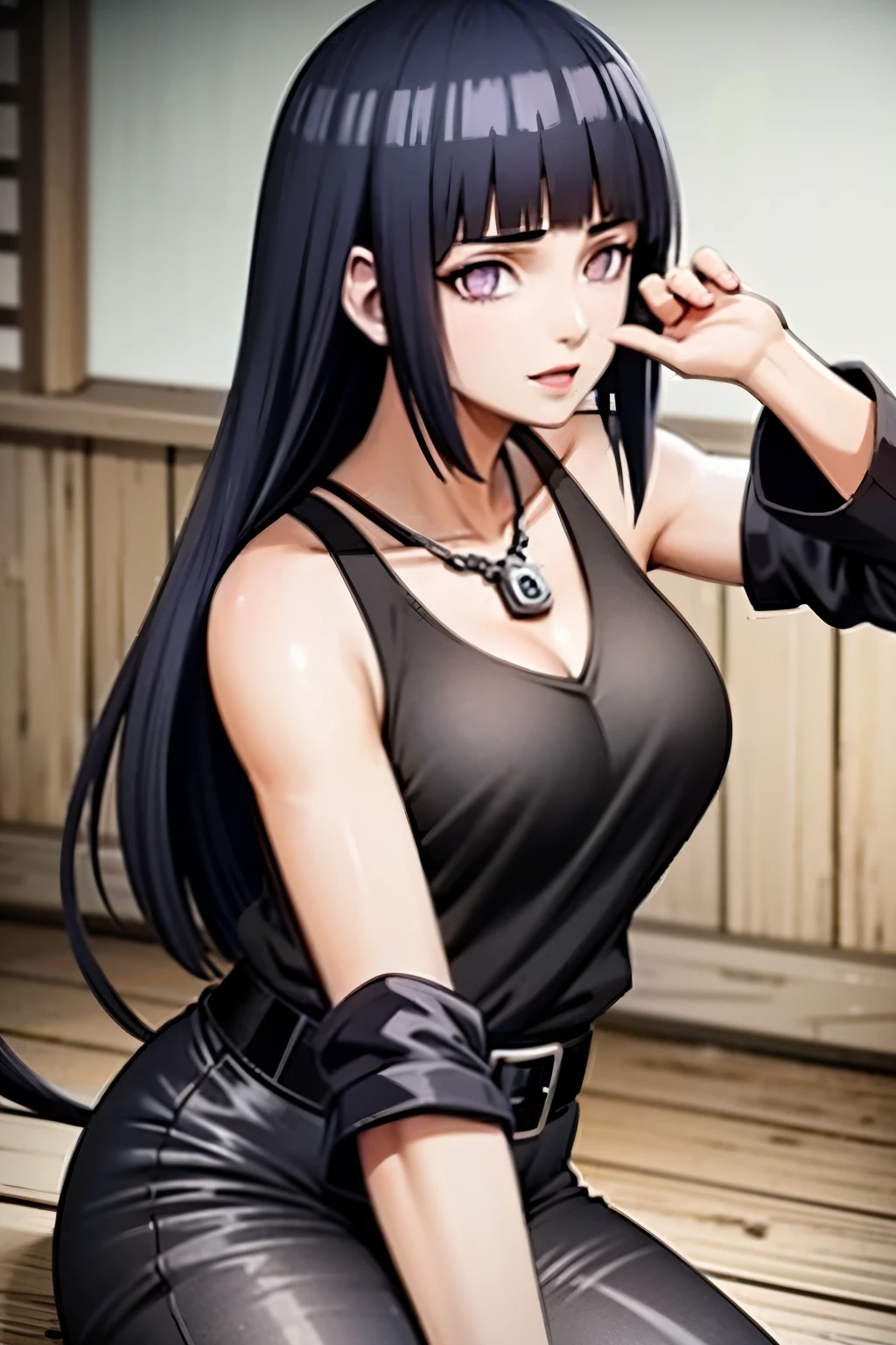 masterpiece,stunning realistic,best quality,sharpness,sharp face,smil，Rot im Gesicht sein，Photo of the upper body
black long hair，purple eyes,big ,tanktop,cargopants with many pockets,black cloak,silver necklace,silver chain,black gloves