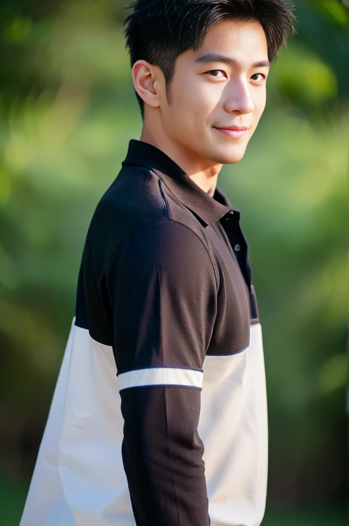 ((Highest quality, 8K, Masterpiece: 1.3))、Thailand Laos Burma Asia, Thai man, A handsome Asian rugby player with short hair, a muscular beard, and big muscles., 1A man who has、 yo、Good appearance、Beautiful nose、smile、 Detailed eyes and face、beautiful light、(studio)、high resolution、(Look at the viewer.)、Fine mouth、smile、whole body: 1.5, perfect shape: 1.3, looking at camera ,black polo shirt, ((field)), sunlight looking at the field
