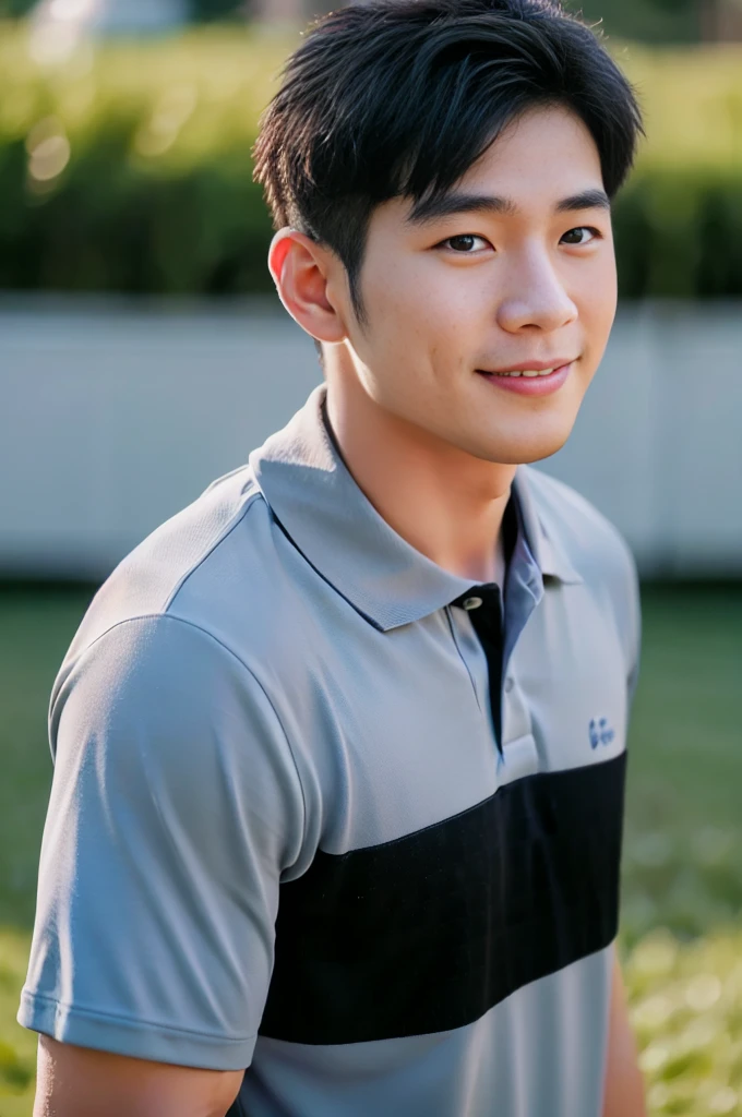 ((Highest quality, 8K, Masterpiece: 1.3))、Thailand Laos Burma Asia, Thai man, A handsome Asian rugby player with short hair, a muscular beard, and big muscles., 1A man who has、 yo、Good appearance、Beautiful nose、smile、 Detailed eyes and face、beautiful light、(studio)、high resolution、(Look at the viewer.)、Fine mouth、smile、whole body: 1.5, perfect shape: 1.3, looking at camera ,black polo shirt, ((field)), sunlight looking at the field