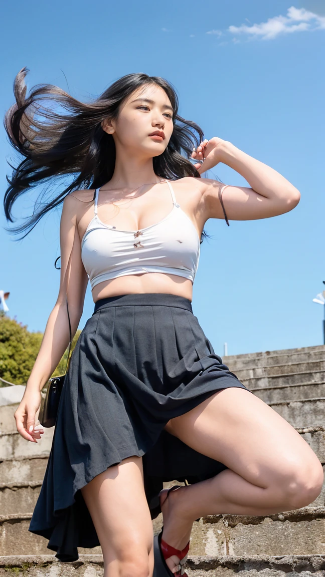(((:1.52)))、((Viewing angle from below、Highest quality、masterpiece、32k、Every detail))、Descend the outdoor stairs、commute、Systemic symptoms、Very tight camisole、Pleated skirt、(((A strong wind blows my hair and skirt away:1.62)))、((The shoulder strap of the bag is worn diagonally across the body.:1.4))、One Girl, alone、(((mini skirt, No :1.22)))、Big Breasts、barefoot, High heels