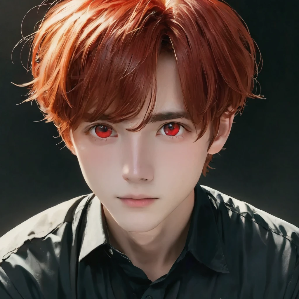 best quality, masterpiece, solo, 1boy, red hair, shirt,  red eyes, black beckground, full faces