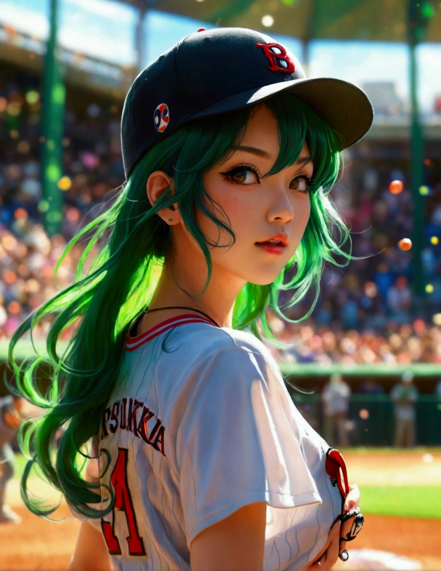 A beautiful Japanese woman (Tatsumaki,black dress, green hair) in a baseball cap pitching a ball, dynamic pitching pose, crowd cheering in the background, bokeh effect, anime style, highly detailed, intricate, vibrant colors, cinematic lighting, photorealistic, masterpiece, (show her entire body, show all of her, show her entire body)