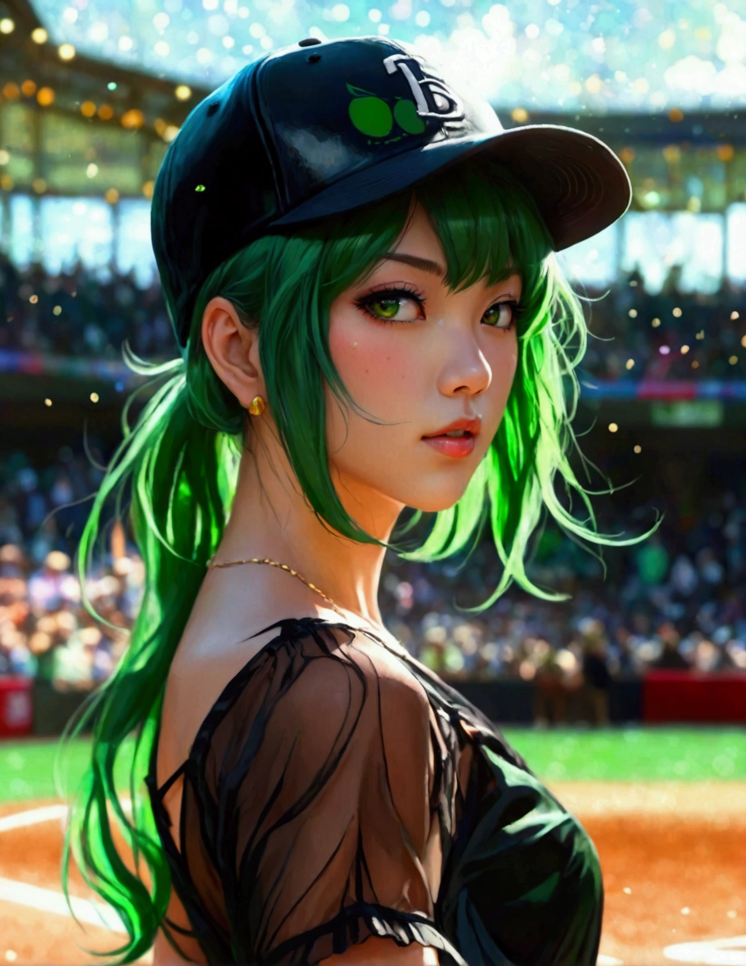 A beautiful Japanese woman (Tatsumaki,black dress, green hair) in a baseball cap pitching a ball, dynamic pitching pose, crowd cheering in the background, bokeh effect, anime style, highly detailed, intricate, vibrant colors, cinematic lighting, photorealistic, masterpiece, (show her entire body, show all of her, show her entire body)