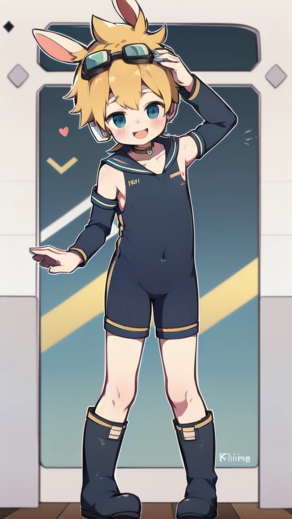 2D Shonen Shota,One-piece suit,Slim, healthy body,Put the headphones on your head,stand up,goggles,Rabbit ears,Happy,Sailor collar,boots,charming,Akimbo