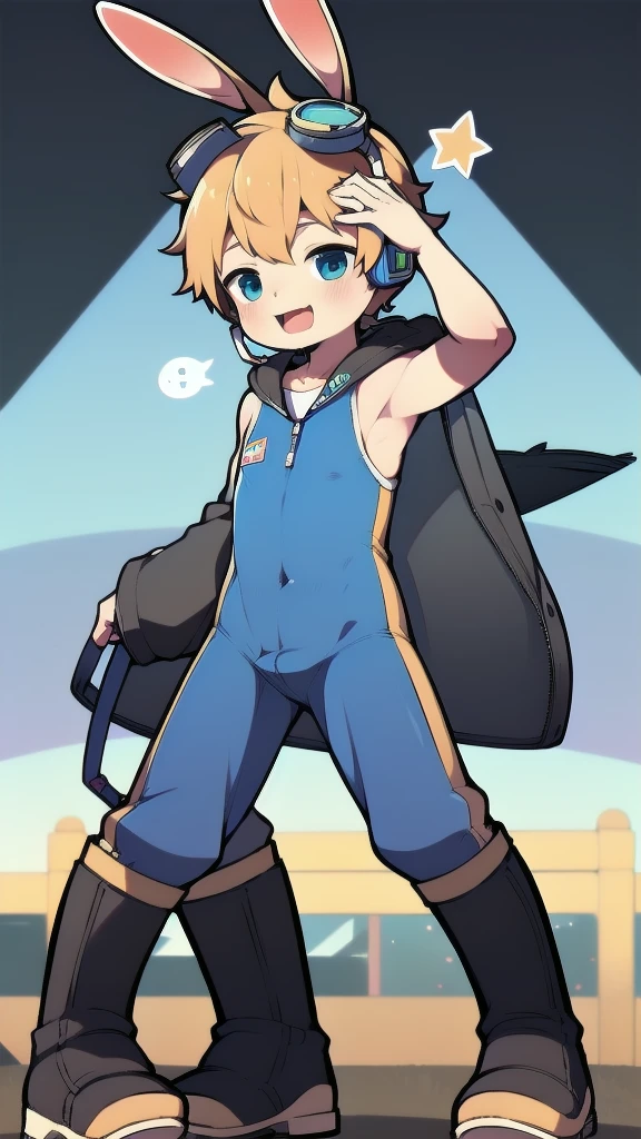 2D Shonen Shota,One-piece suit,Slim, healthy body,Put the headphones on your head,stand up,goggles,Rabbit ears,Happy,Sailor collar,boots,charming,Akimbo