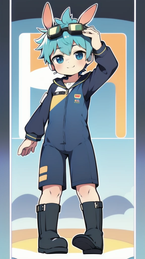 2D Shonen Shota,One-piece suit,Slim, healthy body,Put the headphones on your head,stand up,goggles,Rabbit ears,Happy,Sailor collar,boots,charming,Akimbo