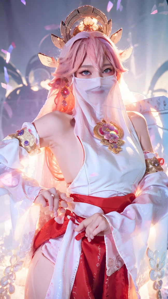 (Extremely detailed CG Unity 8K wallpaper, masterpiece, best quality), (ulzzang-6500-v1.1:0.4) 1 Girl, Korean Idol, Yae Miko, Separate sleeves, Pink Hair, Long hair, ,Long skirt,best quality, (Reality:1.2), (Hair accessories:1.35), Jewelry, Fox ears, Wearing a veil, (White Veil, Silk veil:1.2), Purple Eyes, earrings,, Delicate face, Face Focus, (Looking at the audience:1.25), Glowing skin, Long sleeve, Cowboy shooting, Dynamic poses, (Bend forward, Show your armpits, Sexy pose:1.3), Game CG, , indoor, Solid color background, whole body, Elegant Posture, Concentrated expression, Ambient Lighting