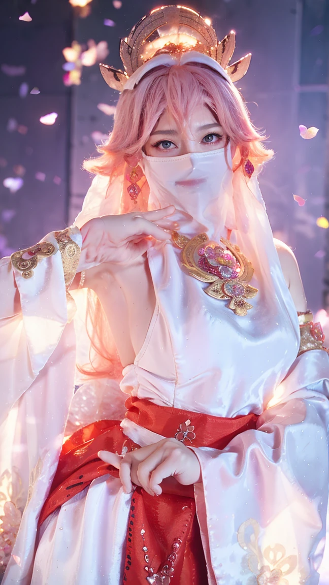 (Extremely detailed CG Unity 8K wallpaper, masterpiece, best quality), (ulzzang-6500-v1.1:0.4) 1 Girl, Korean Idol, Yae Miko, Separate sleeves, Pink Hair, Long hair, ，Long skirt，best quality, (Reality:1.2), (Hair accessories:1.35), Jewelry, Fox ears, Wearing a veil, (White Veil, Silk veil:1.2), Purple Eyes, earrings,, Delicate face, Face Focus, (Looking at the audience:1.25), Glowing skin, Long sleeve, Cowboy shooting, Dynamic poses, (Bend forward, Show your armpits, Sexy pose:1.3), Game CG, , indoor, Solid color background, whole body,  Elegant Posture, Concentrated expression, Ambient Lighting