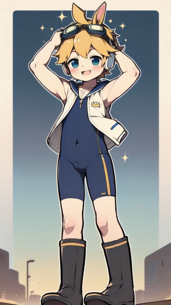 2D Shonen Shota，One-piece suit，Slim, healthy body，Put the headphones on your head，stand up，goggles，Rabbit ears，Happy，Sailor collar，boots，charming，Akimbo