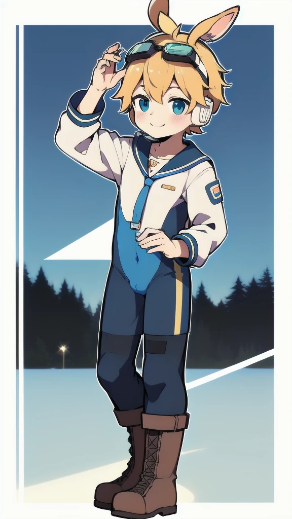 2D Shonen Shota，One-piece suit，Slim, healthy body，Put the headphones on your head，stand up，goggles，Rabbit ears，Happy，Sailor collar，boots，charming，Akimbo