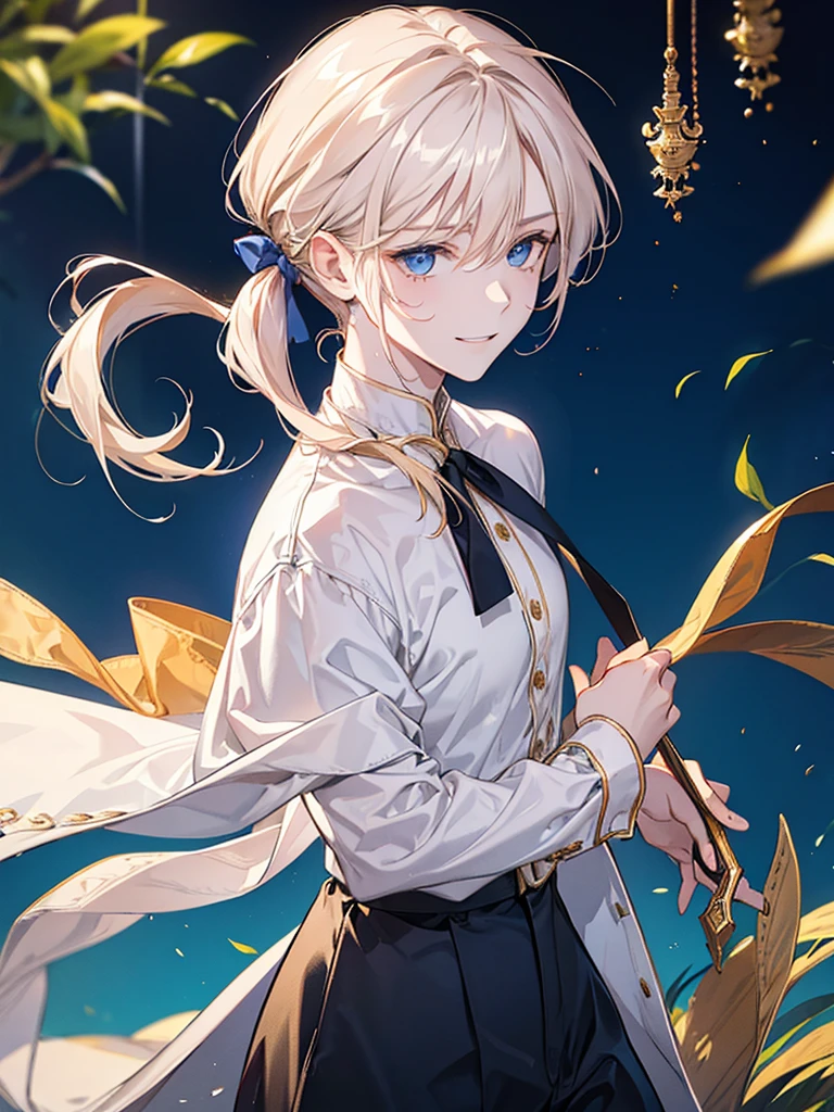 Young man he wear a white shirt , he has golden hair and low pony tail and blue eyes , he smiled.